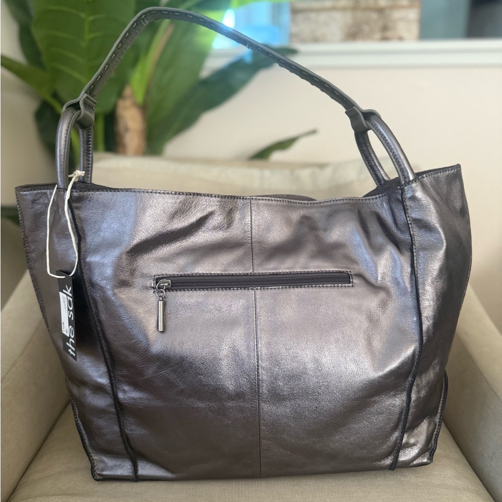 The Sak Metallic Gray Leather Tote Bag